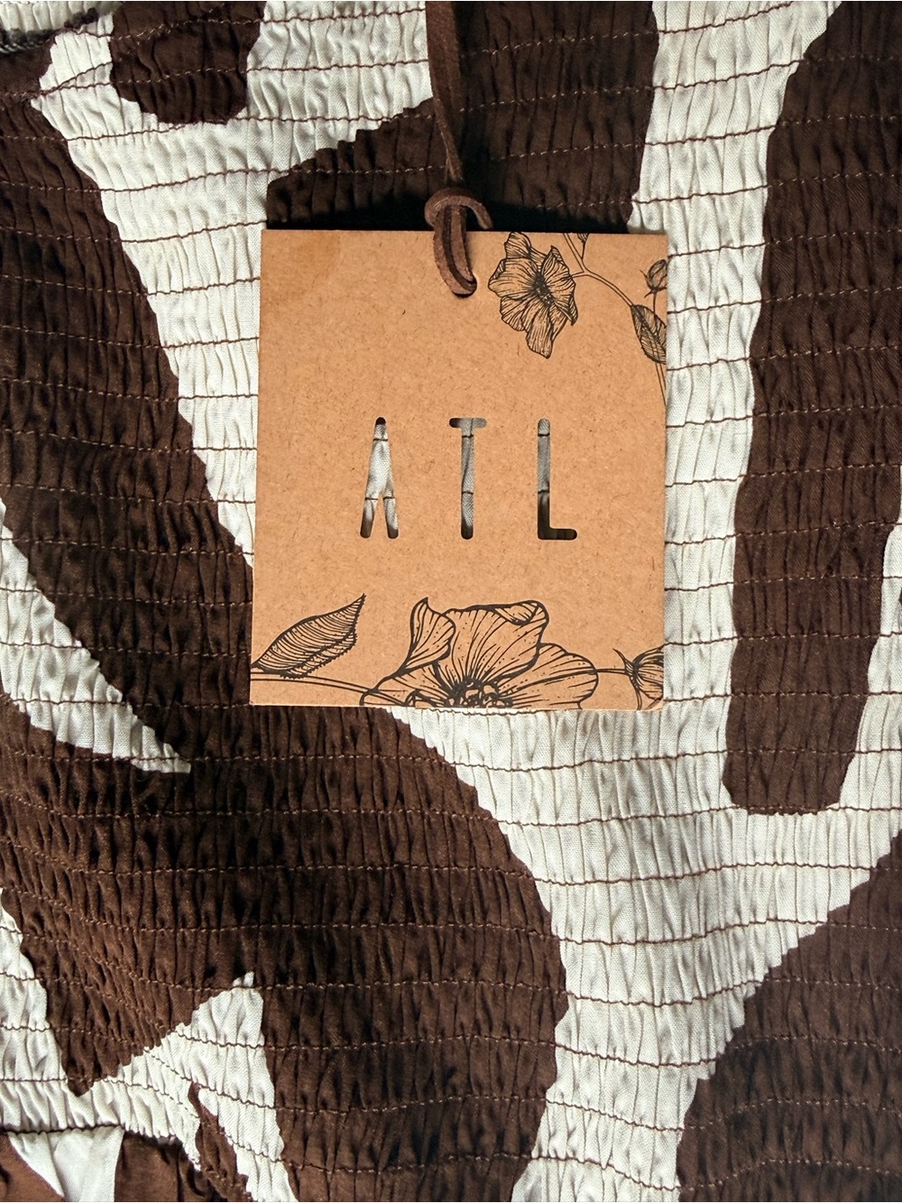 ATL One Shoulder Abstract Print Maxi Dress XL Brown Cream Smocked Boho - Picture 3 of 4